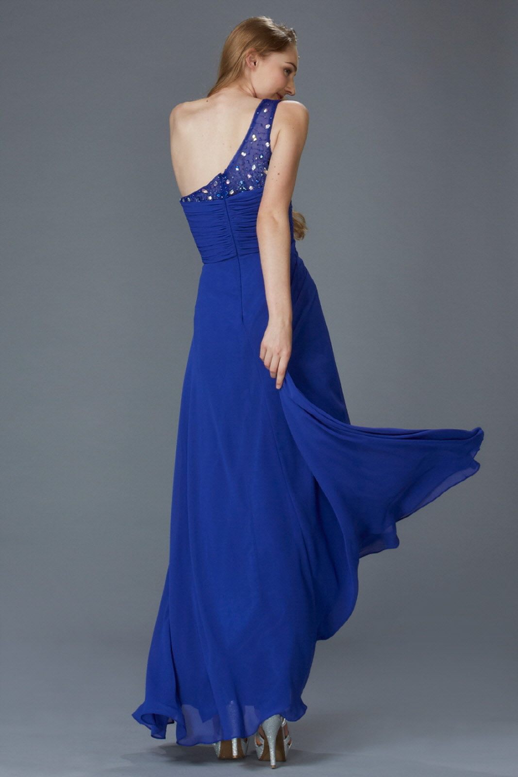 One Shoulder Floor Length Dress with Jewel Embellished Bodice - RoshelLuxe.com
