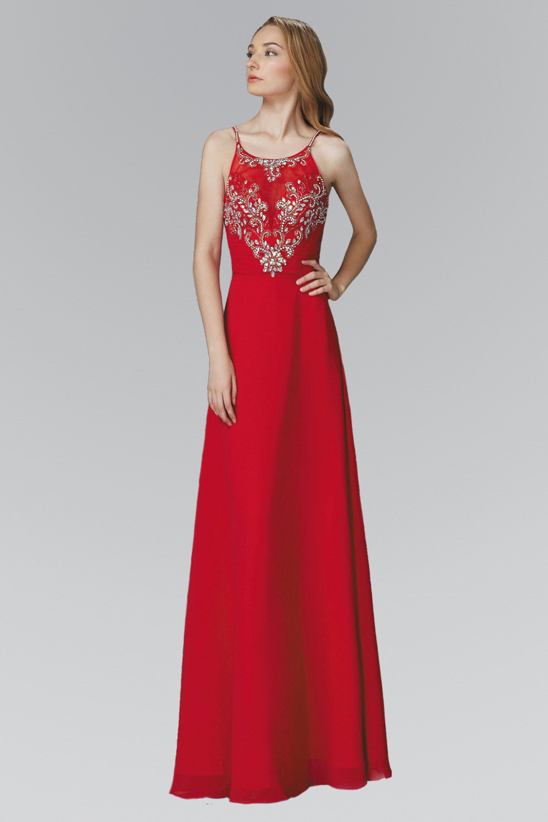 Spaghetti Straps Long Chiffon Dress Accented with Bead and Jewel - RoshelLuxe.com