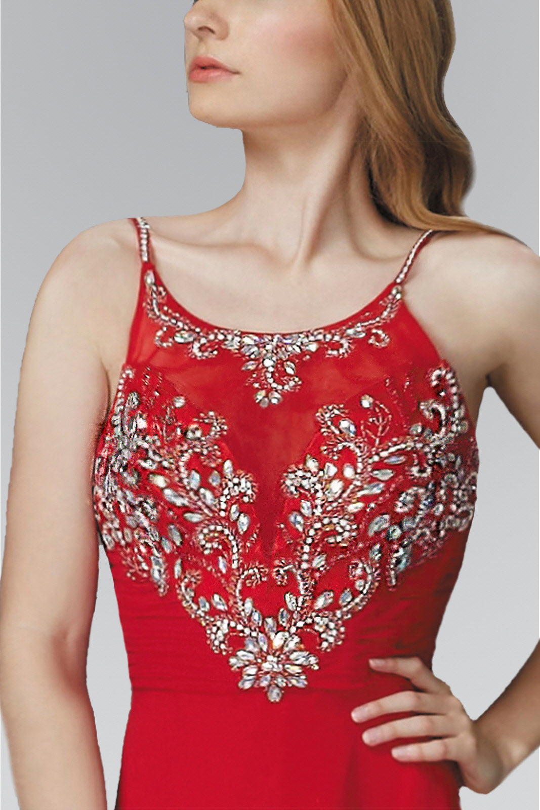 Spaghetti Straps Long Chiffon Dress Accented with Bead and Jewel - RoshelLuxe.com