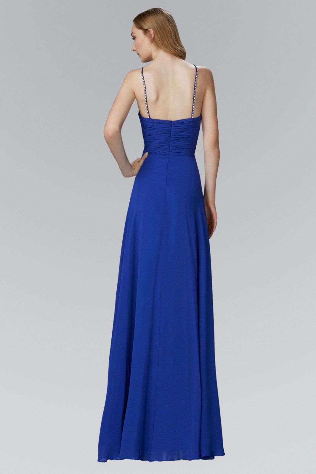 Spaghetti Straps Long Chiffon Dress Accented with Bead and Jewel - RoshelLuxe.com