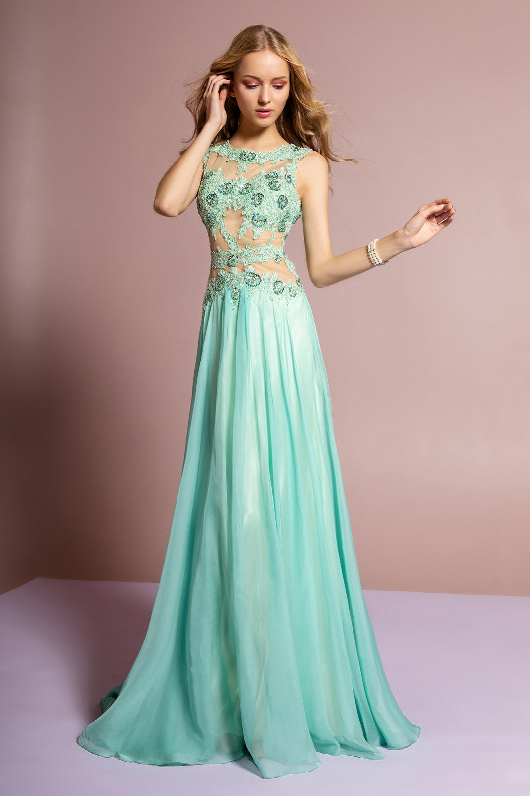 Bead and Lace Embellished Chiffon Long Dress with Sheer Bodice - RoshelLuxe.com