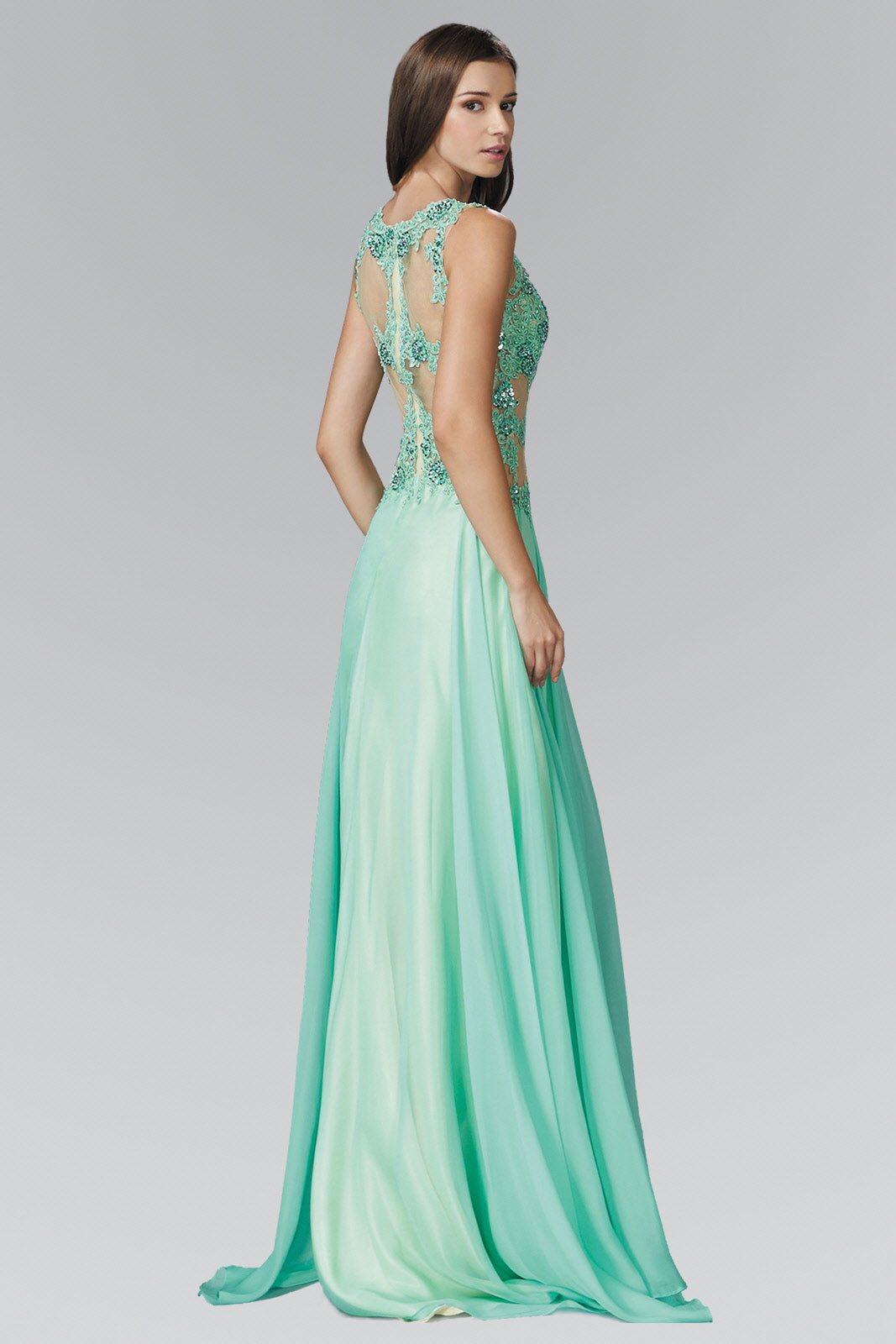 Bead and Lace Embellished Chiffon Long Dress with Sheer Bodice - RoshelLuxe.com