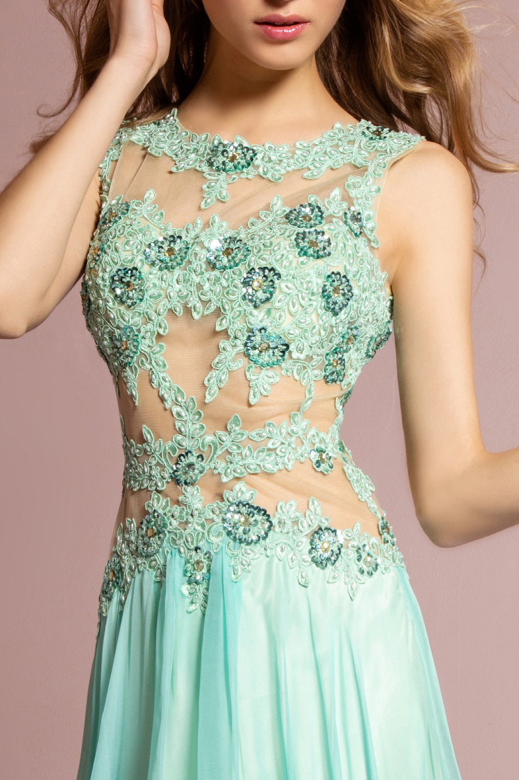 Bead and Lace Embellished Chiffon Long Dress with Sheer Bodice - RoshelLuxe.com