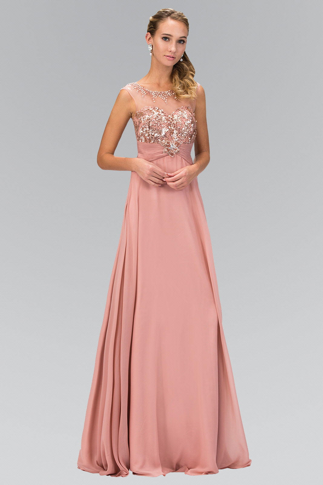 Sequin Embellished Chiffon Long Dress with Beaded Sweetheart Illusion Neckline - RoshelLuxe.com