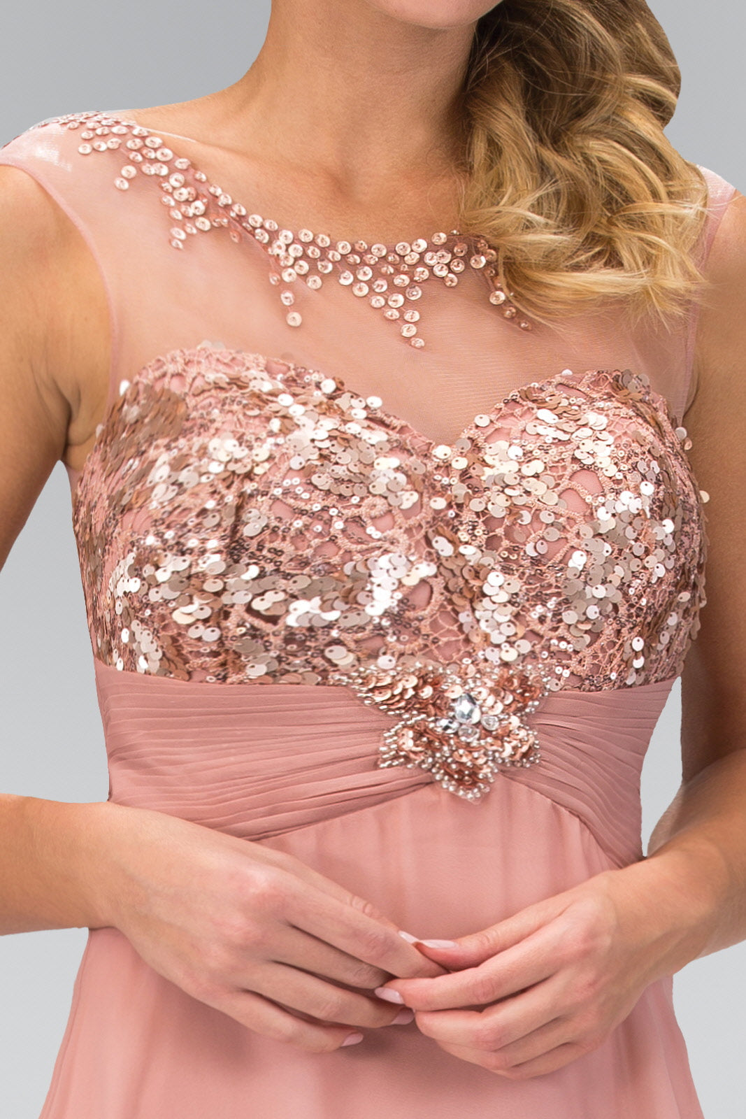 Sequin Embellished Chiffon Long Dress with Beaded Sweetheart Illusion Neckline - RoshelLuxe.com