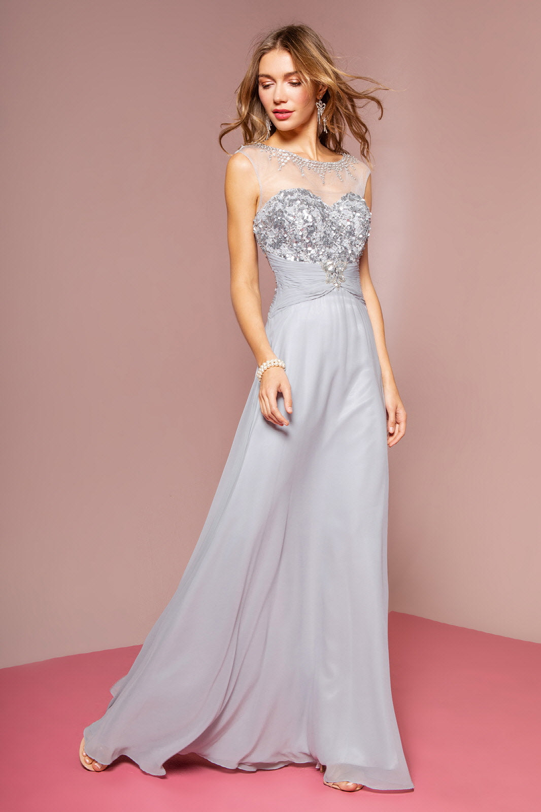 Sequin Embellished Chiffon Long Dress with Beaded Sweetheart Illusion Neckline - RoshelLuxe.com