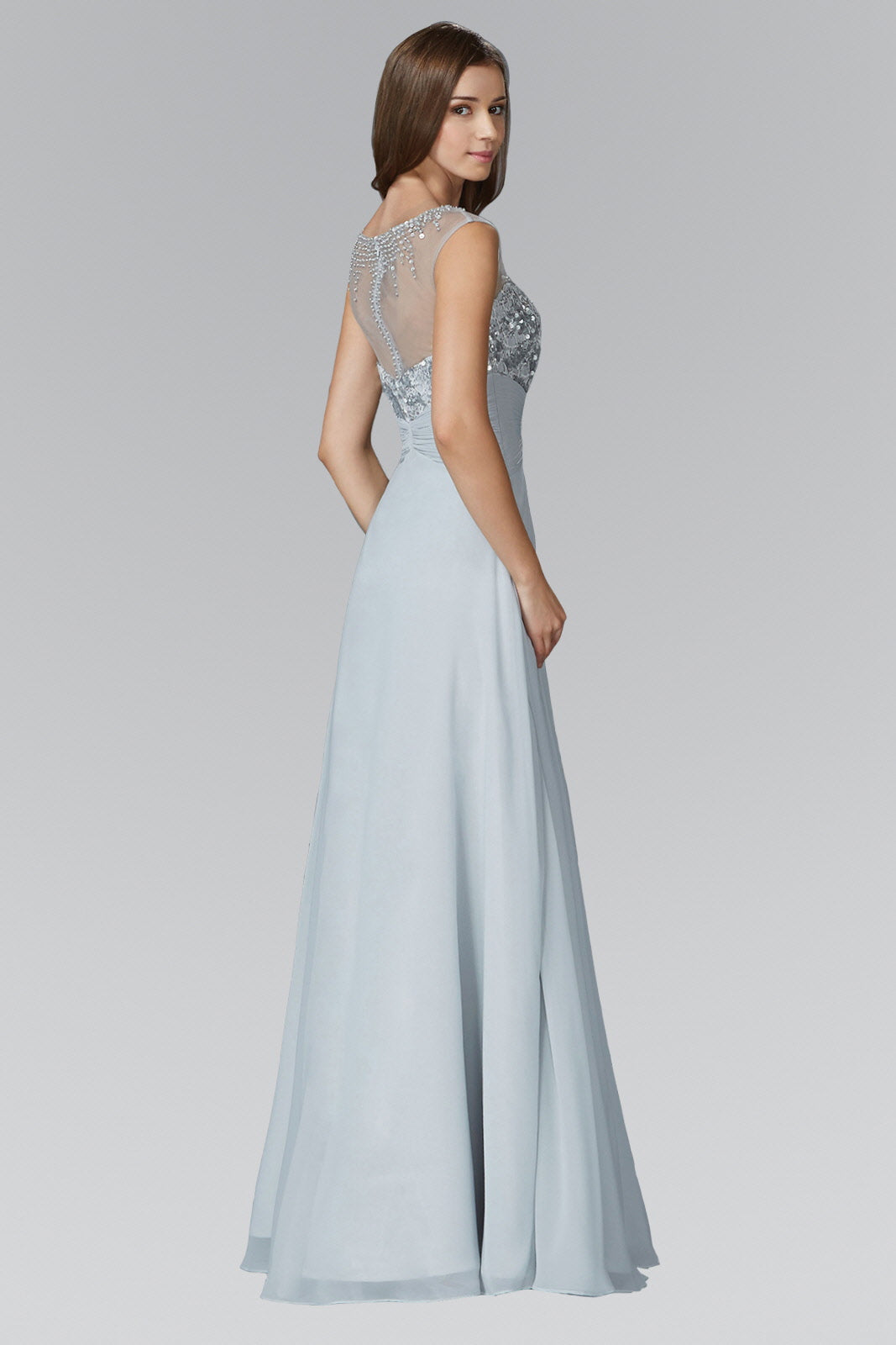 Sequin Embellished Chiffon Long Dress with Beaded Sweetheart Illusion Neckline - RoshelLuxe.com