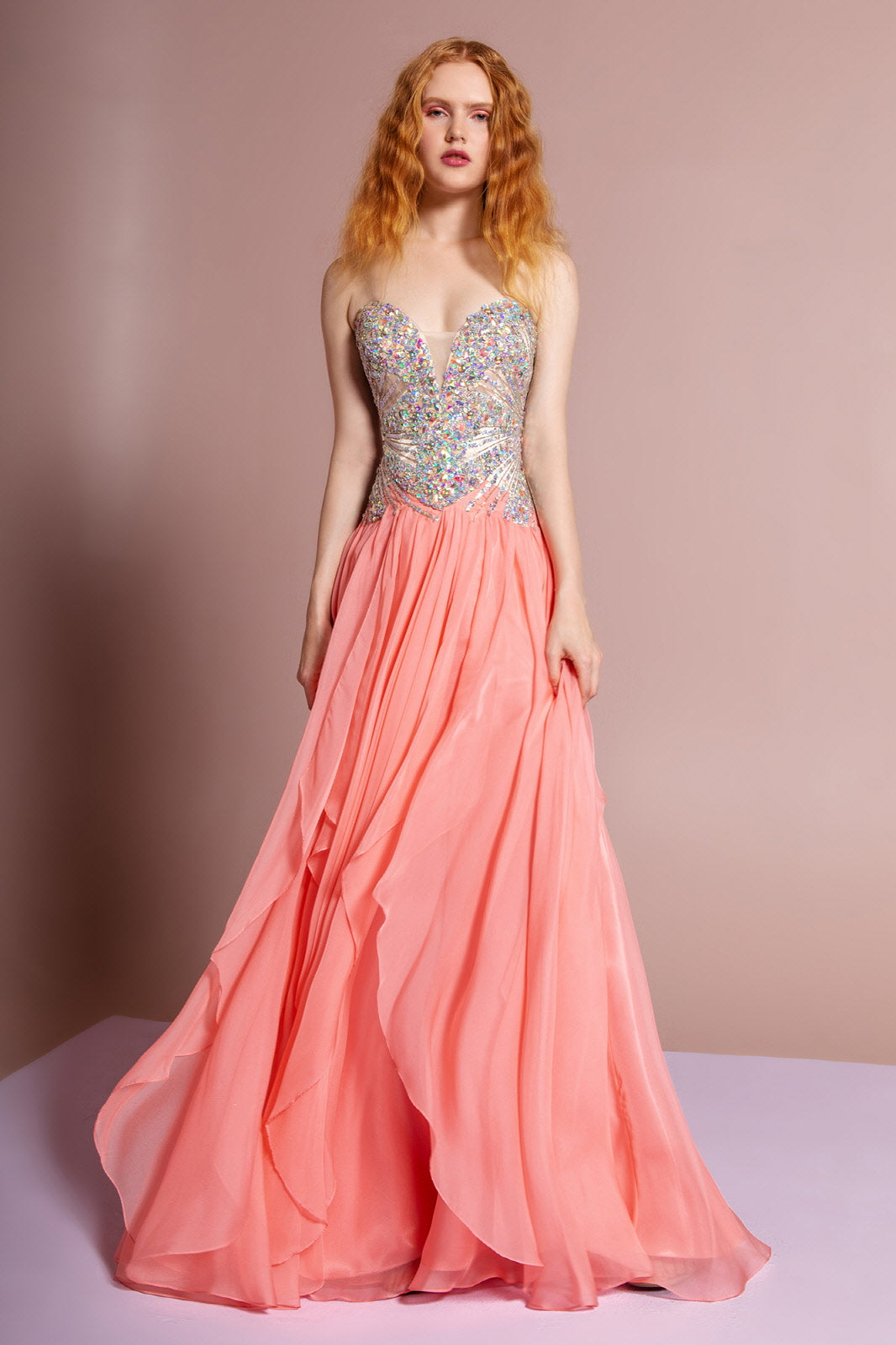 Strapless Sweetheart Chiffon Long Dress with Sequin Embellished Bodice - RoshelLuxe.com