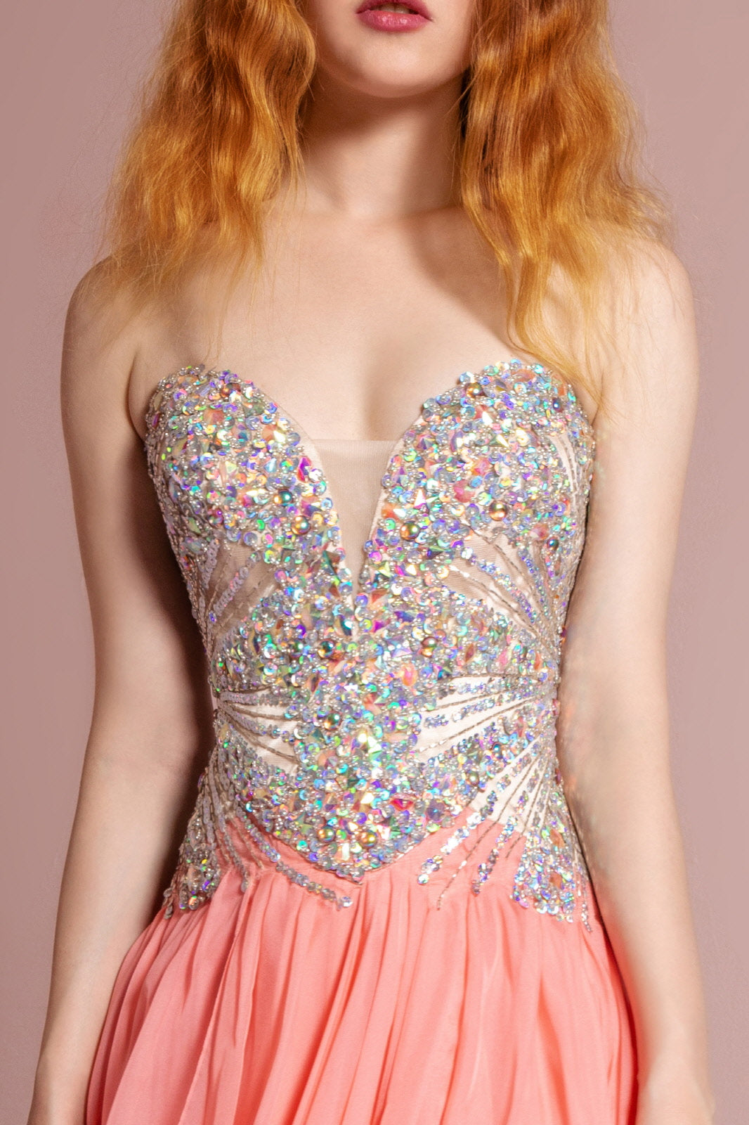 Strapless Sweetheart Chiffon Long Dress with Sequin Embellished Bodice - RoshelLuxe.com