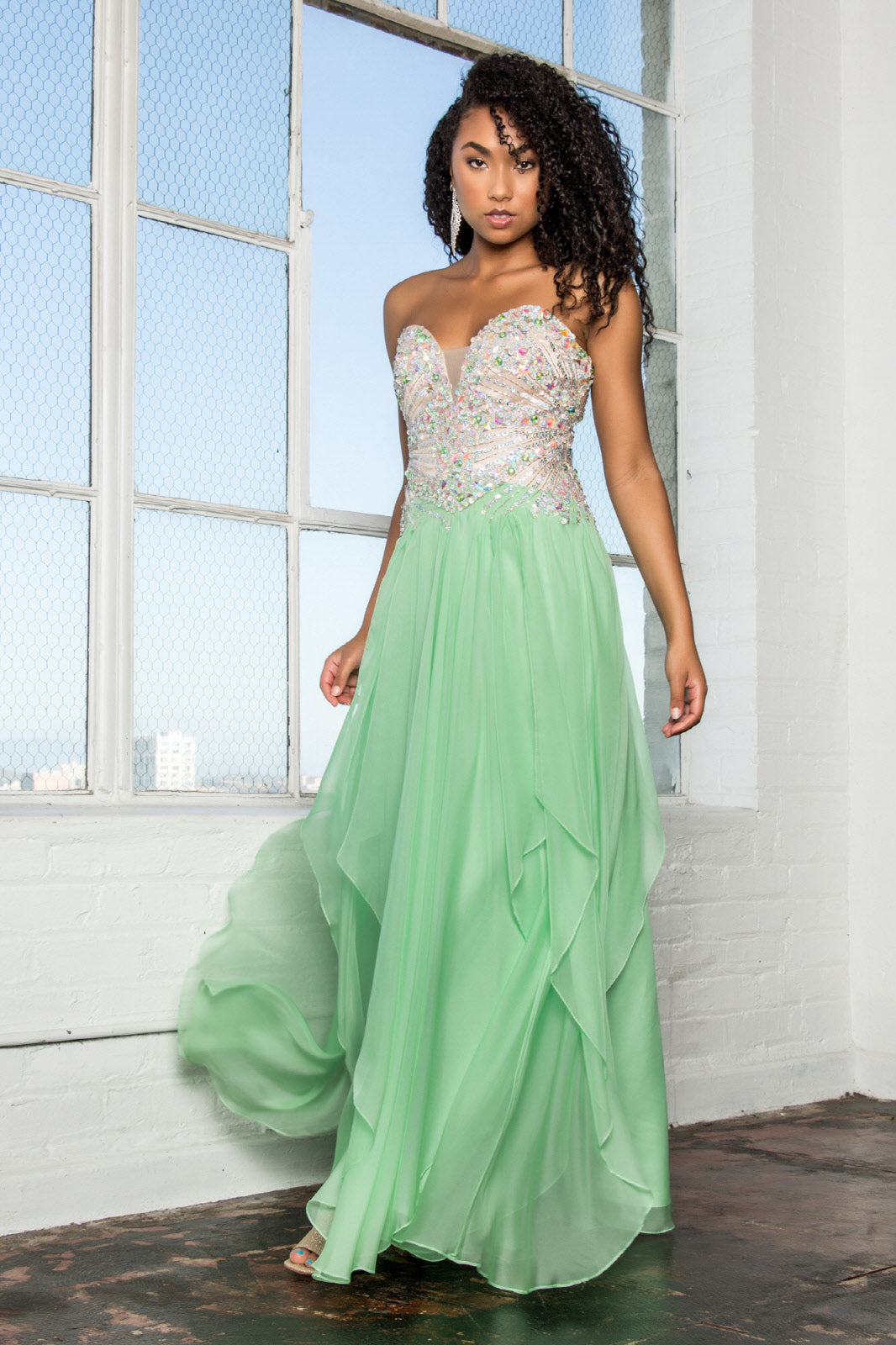 Strapless Sweetheart Chiffon Long Dress with Sequin Embellished Bodice - RoshelLuxe.com
