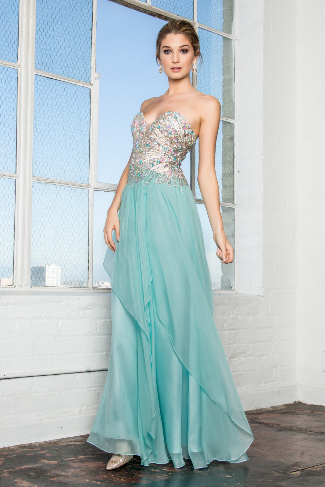 Strapless Sweetheart Chiffon Long Dress with Sequin Embellished Bodice - RoshelLuxe.com