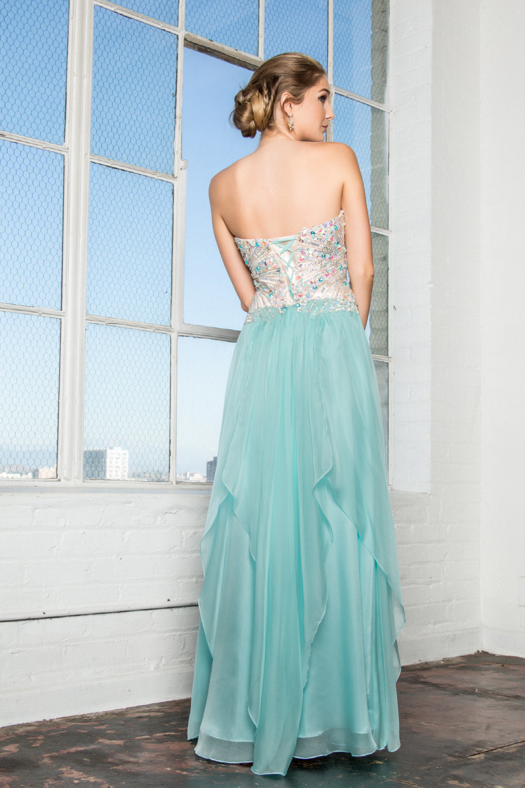 Strapless Sweetheart Chiffon Long Dress with Sequin Embellished Bodice - RoshelLuxe.com