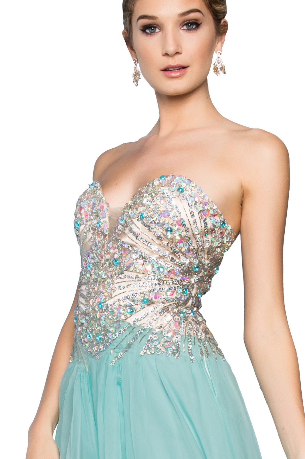 Strapless Sweetheart Chiffon Long Dress with Sequin Embellished Bodice - RoshelLuxe.com
