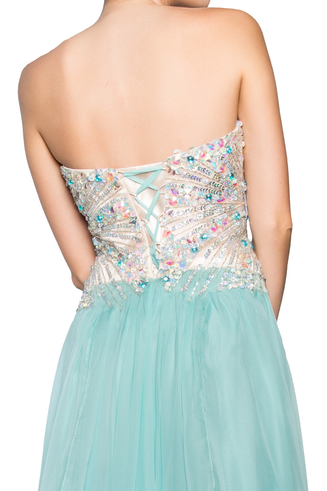 Strapless Sweetheart Chiffon Long Dress with Sequin Embellished Bodice - RoshelLuxe.com