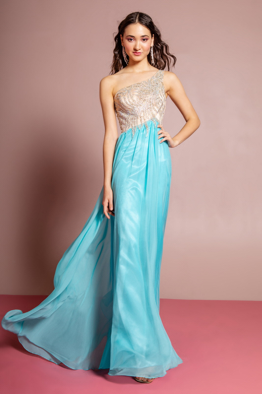 One Shoulder Jewel Embellished Bodice Chiffon Floor Length Dress - RoshelLuxe.com