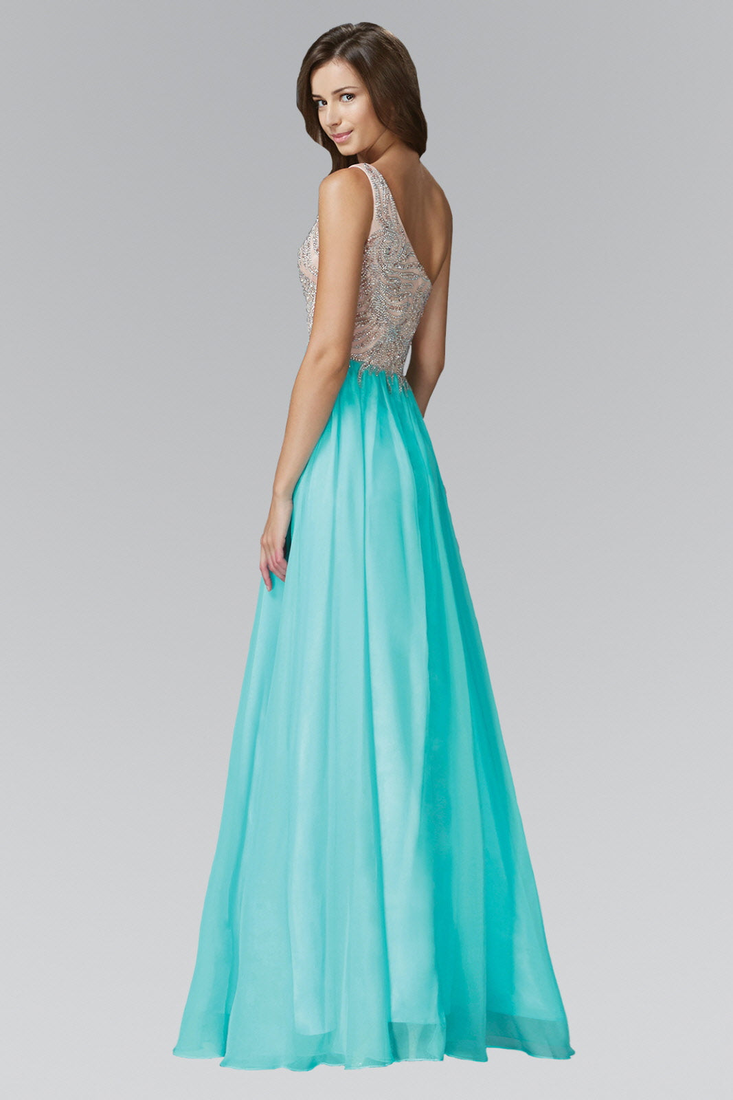 One Shoulder Jewel Embellished Bodice Chiffon Floor Length Dress - RoshelLuxe.com