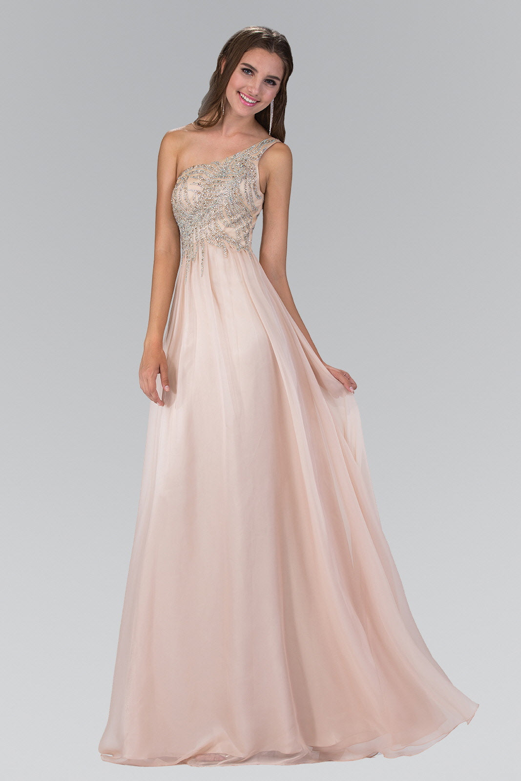 One Shoulder Jewel Embellished Bodice Chiffon Floor Length Dress - RoshelLuxe.com