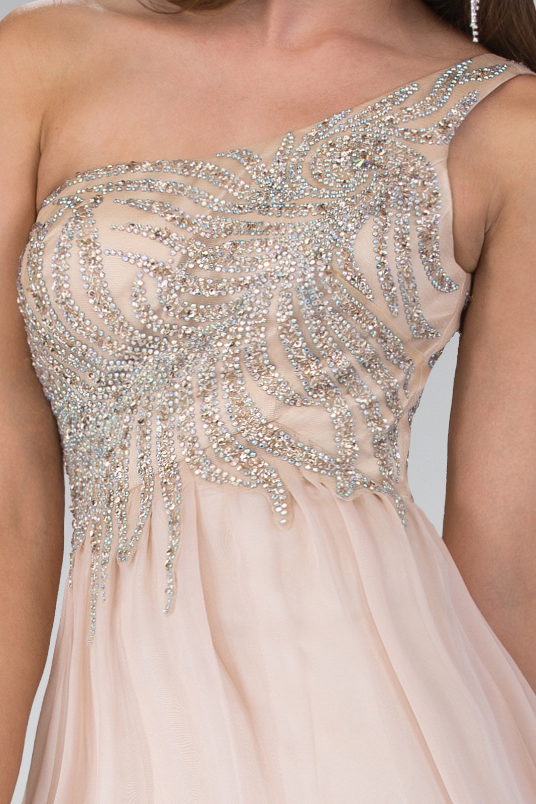 One Shoulder Jewel Embellished Bodice Chiffon Floor Length Dress - RoshelLuxe.com