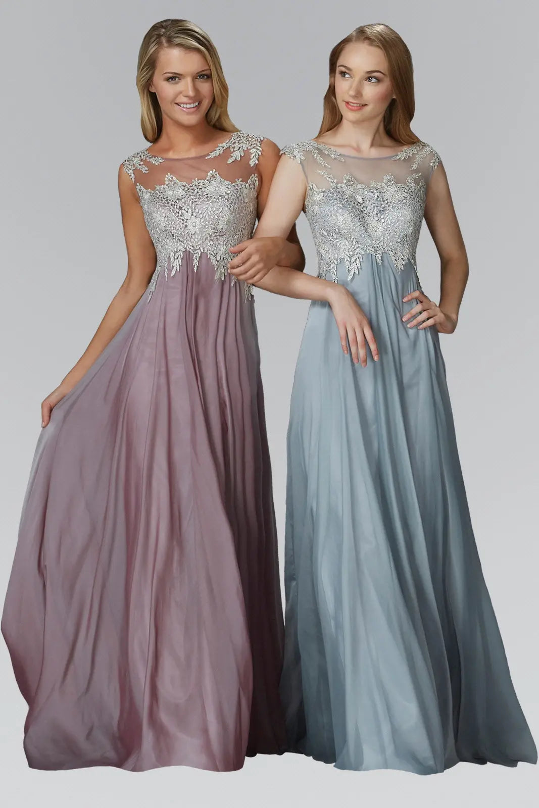 Chiffon Long Dress with Lace Embellished Bodice and Sheer Neckline - RoshelLuxe.com