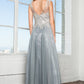 Chiffon Long Dress with Lace Embellished Bodice and Sheer Neckline - RoshelLuxe.com