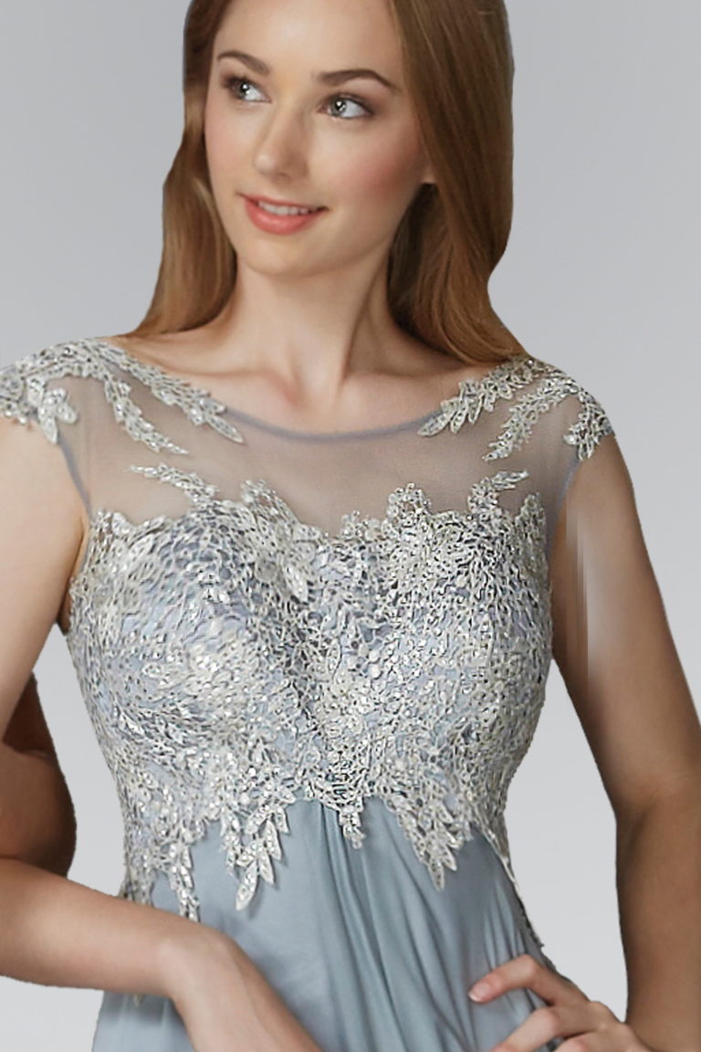 Chiffon Long Dress with Lace Embellished Bodice and Sheer Neckline - RoshelLuxe.com