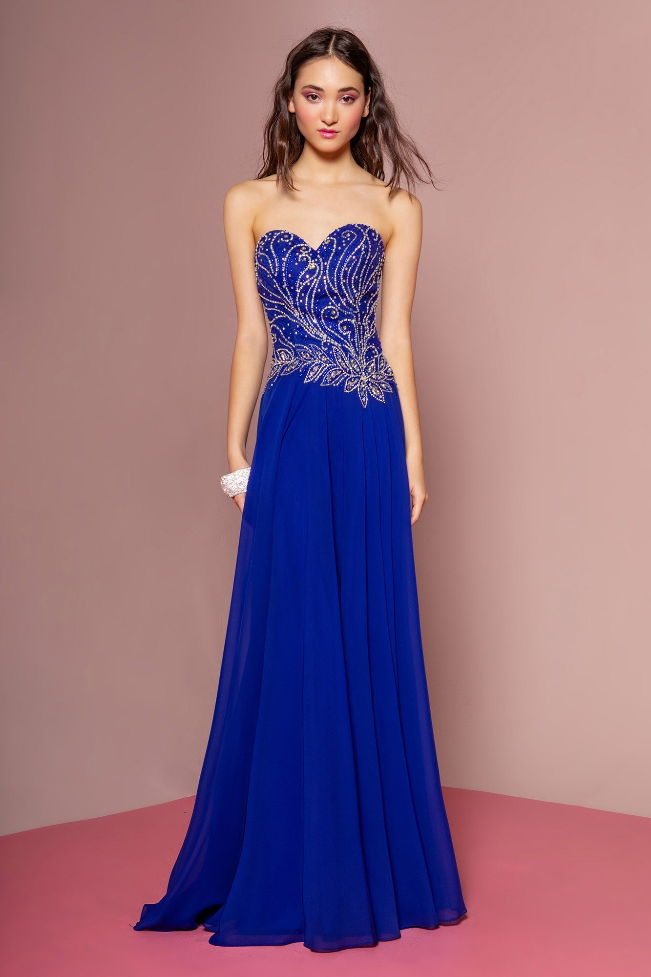 Strapless Sweetheart Chiffon Long Dress with Jewel Embellished Bodice - RoshelLuxe.com