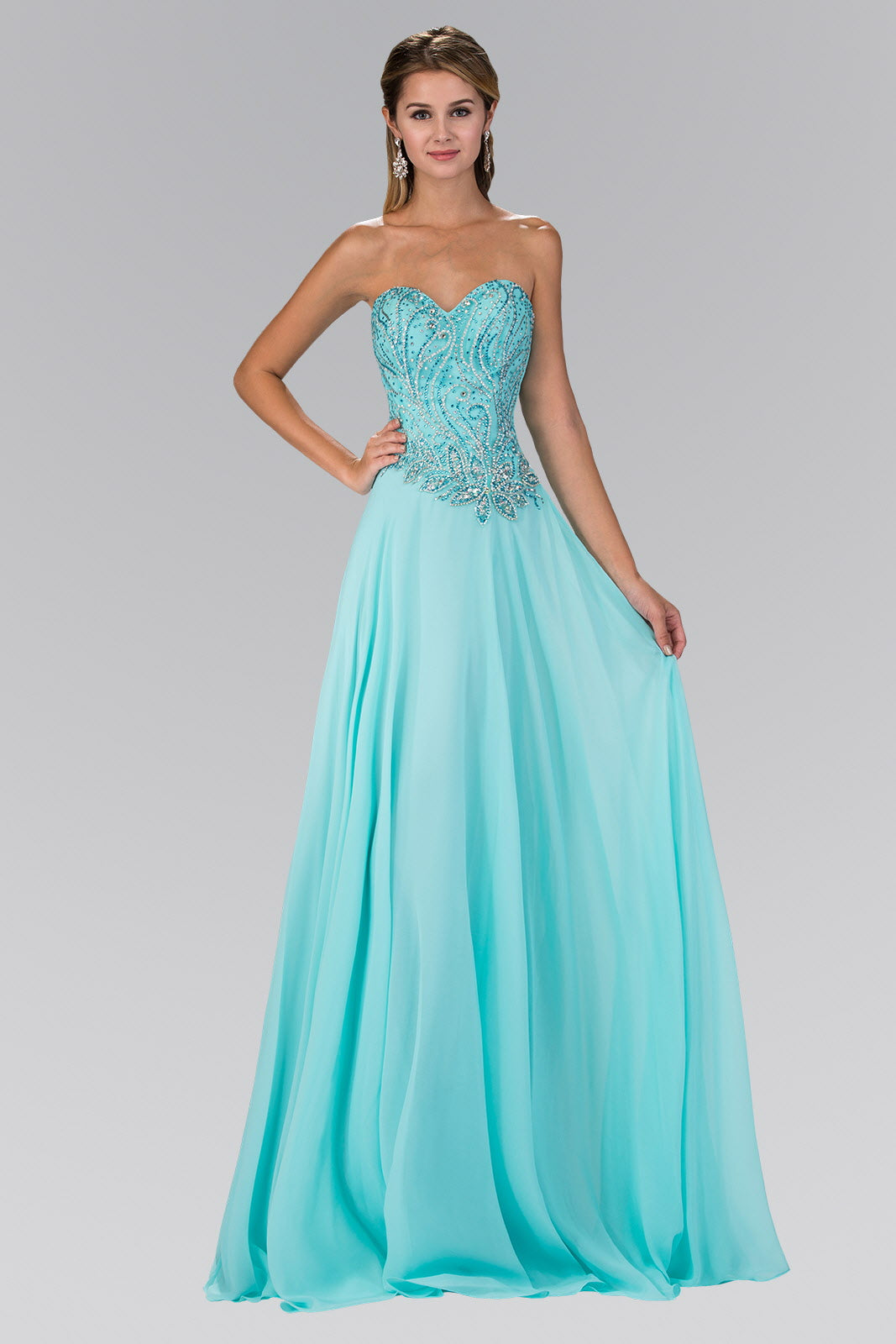 Strapless Sweetheart Chiffon Long Dress with Jewel Embellished Bodice - RoshelLuxe.com
