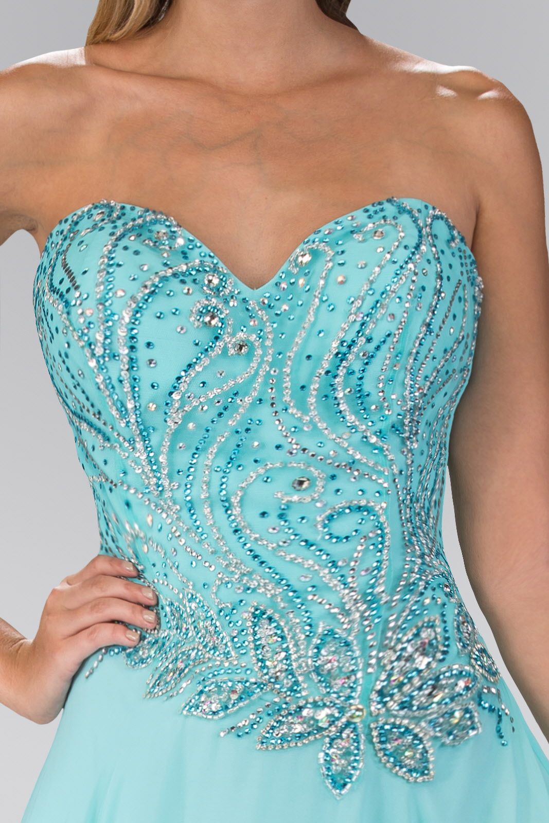 Strapless Sweetheart Chiffon Long Dress with Jewel Embellished Bodice - RoshelLuxe.com