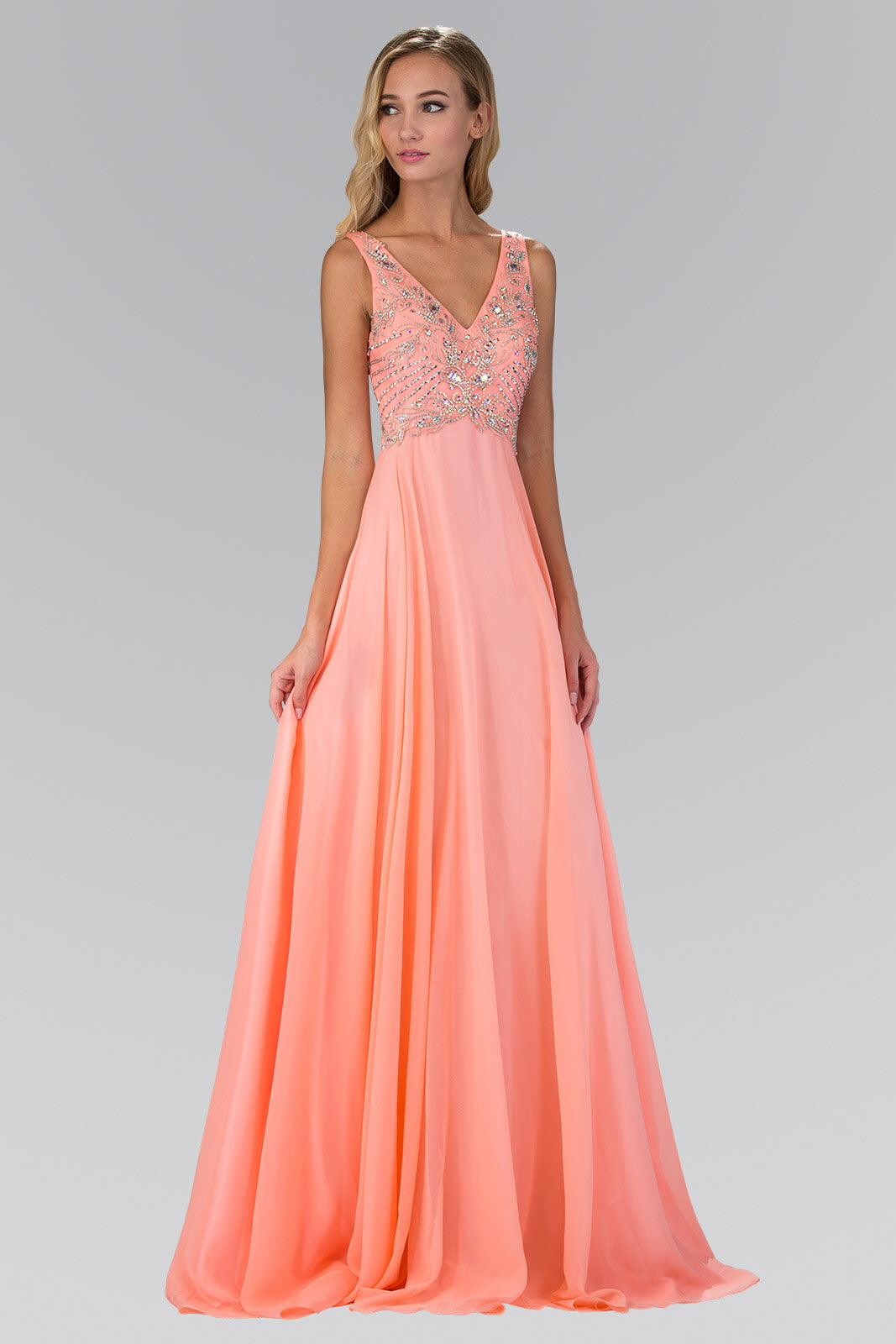 V Neck and Back Chiffon Floor Length Dress with Jewel and Sequin Bodice - RoshelLuxe.com