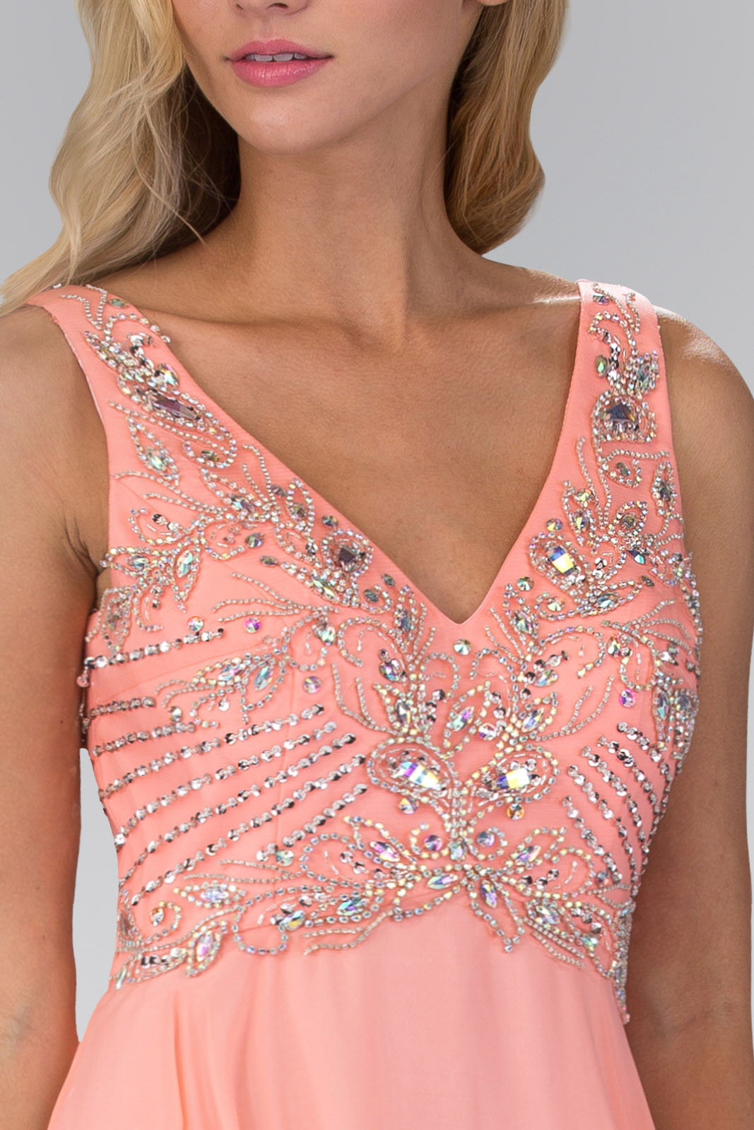 V Neck and Back Chiffon Floor Length Dress with Jewel and Sequin Bodice - RoshelLuxe.com