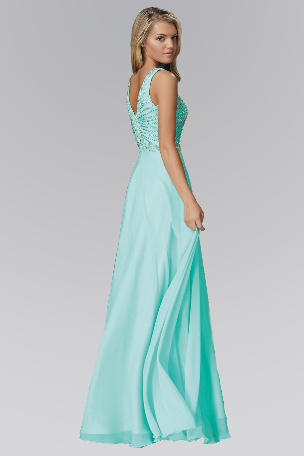 V Neck and Back Chiffon Floor Length Dress with Jewel and Sequin Bodice - RoshelLuxe.com