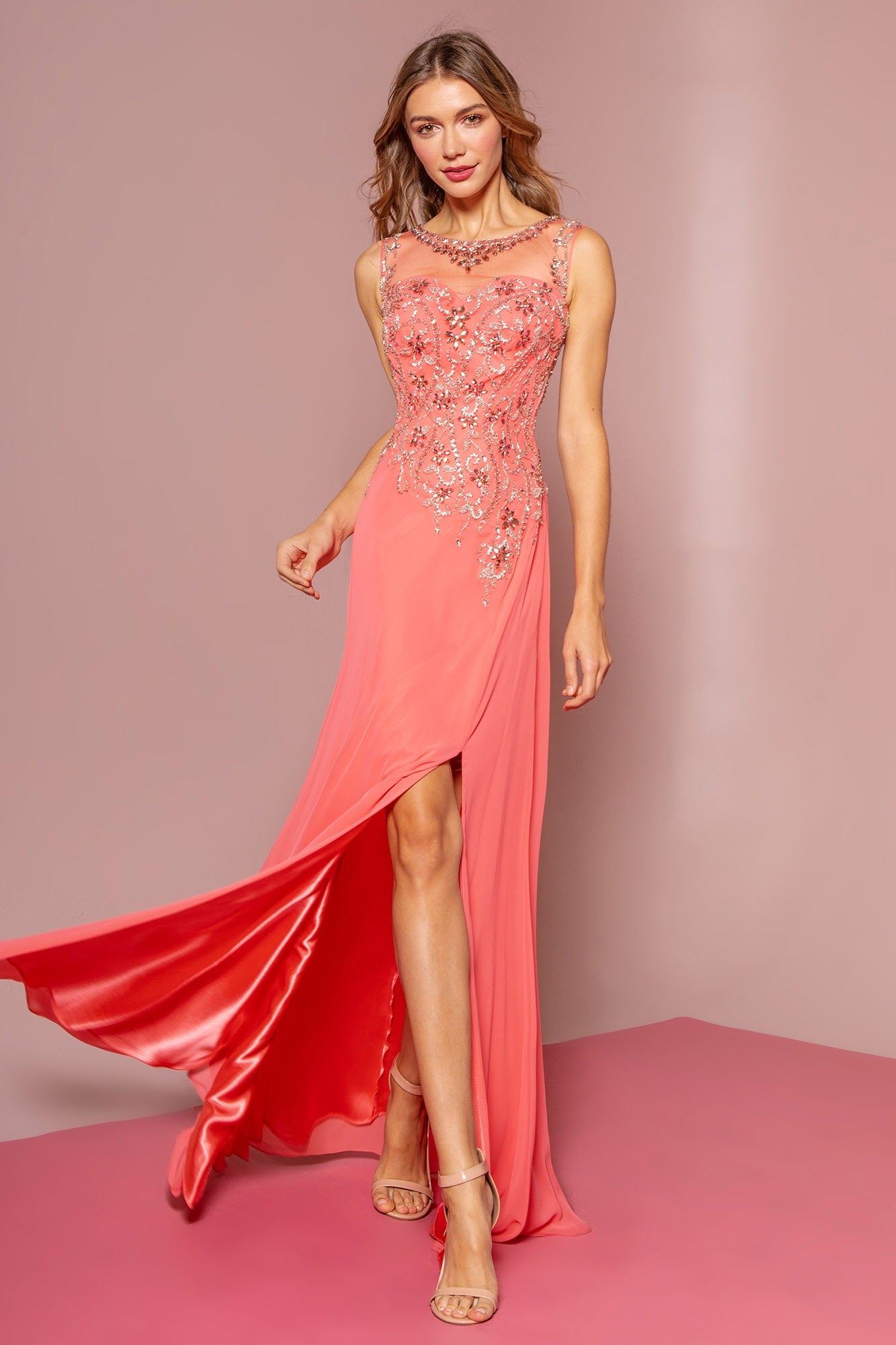 Beaded Chiffon Floor Length Dress with Sheer Neckline and Side Slit - RoshelLuxe.com