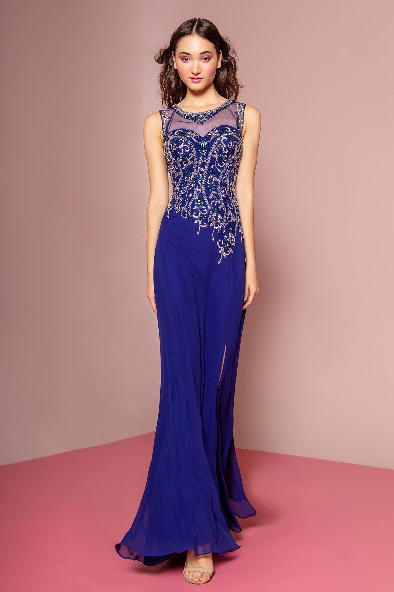 Beaded Chiffon Floor Length Dress with Sheer Neckline and Side Slit - RoshelLuxe.com