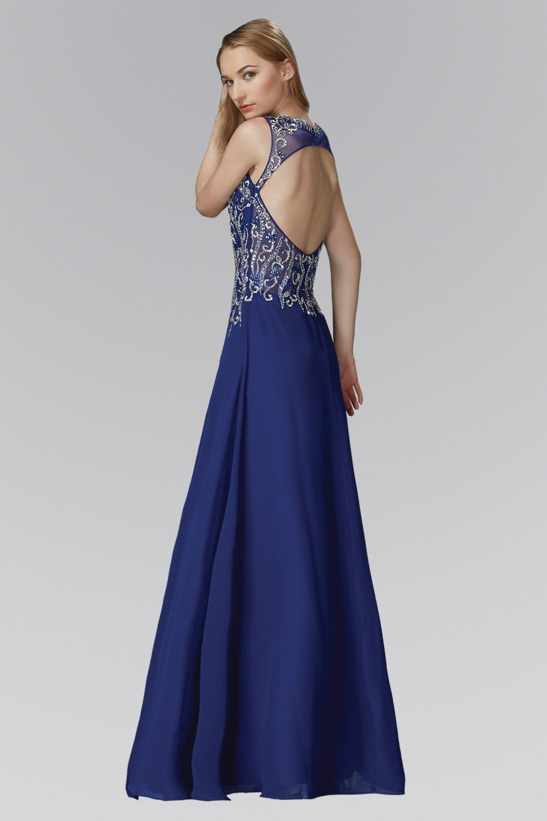 Beaded Chiffon Floor Length Dress with Sheer Neckline and Side Slit - RoshelLuxe.com
