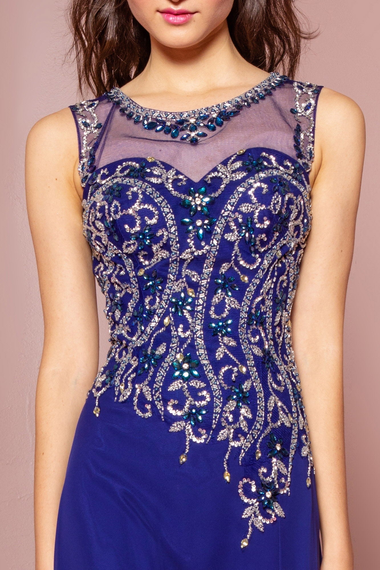 Beaded Chiffon Floor Length Dress with Sheer Neckline and Side Slit - RoshelLuxe.com