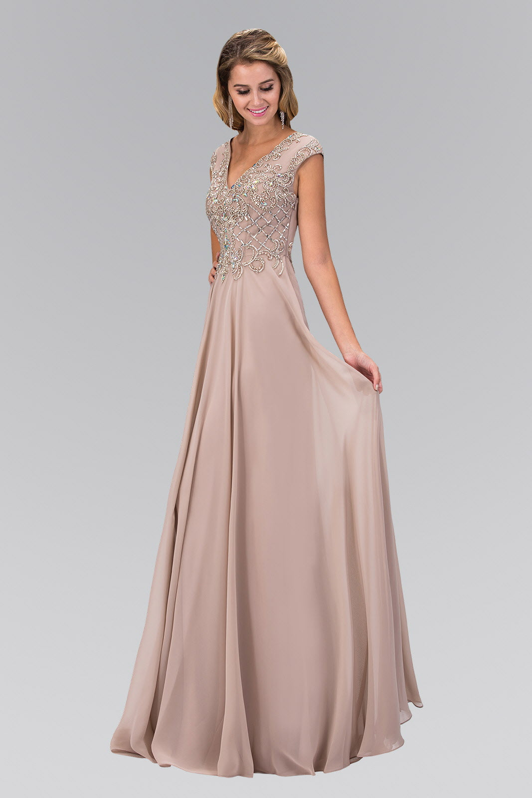 V-Neck Chiffon Floor Length Dress with Jewel Embellished Bodice - RoshelLuxe.com