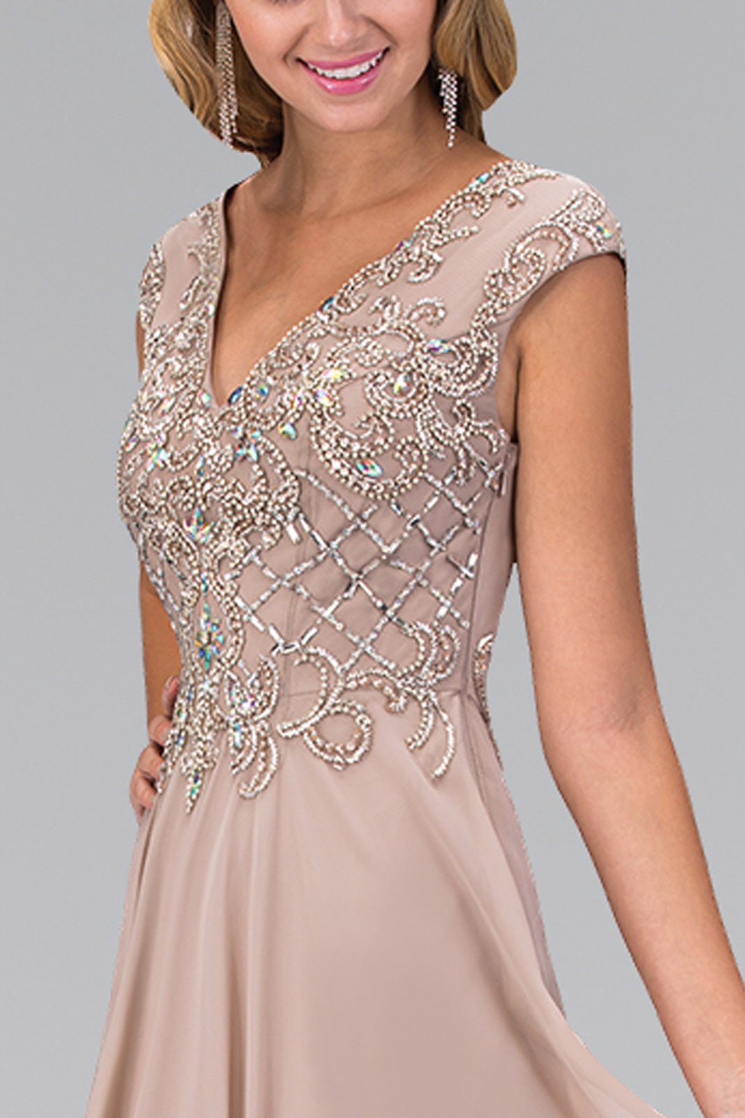 V-Neck Chiffon Floor Length Dress with Jewel Embellished Bodice - RoshelLuxe.com