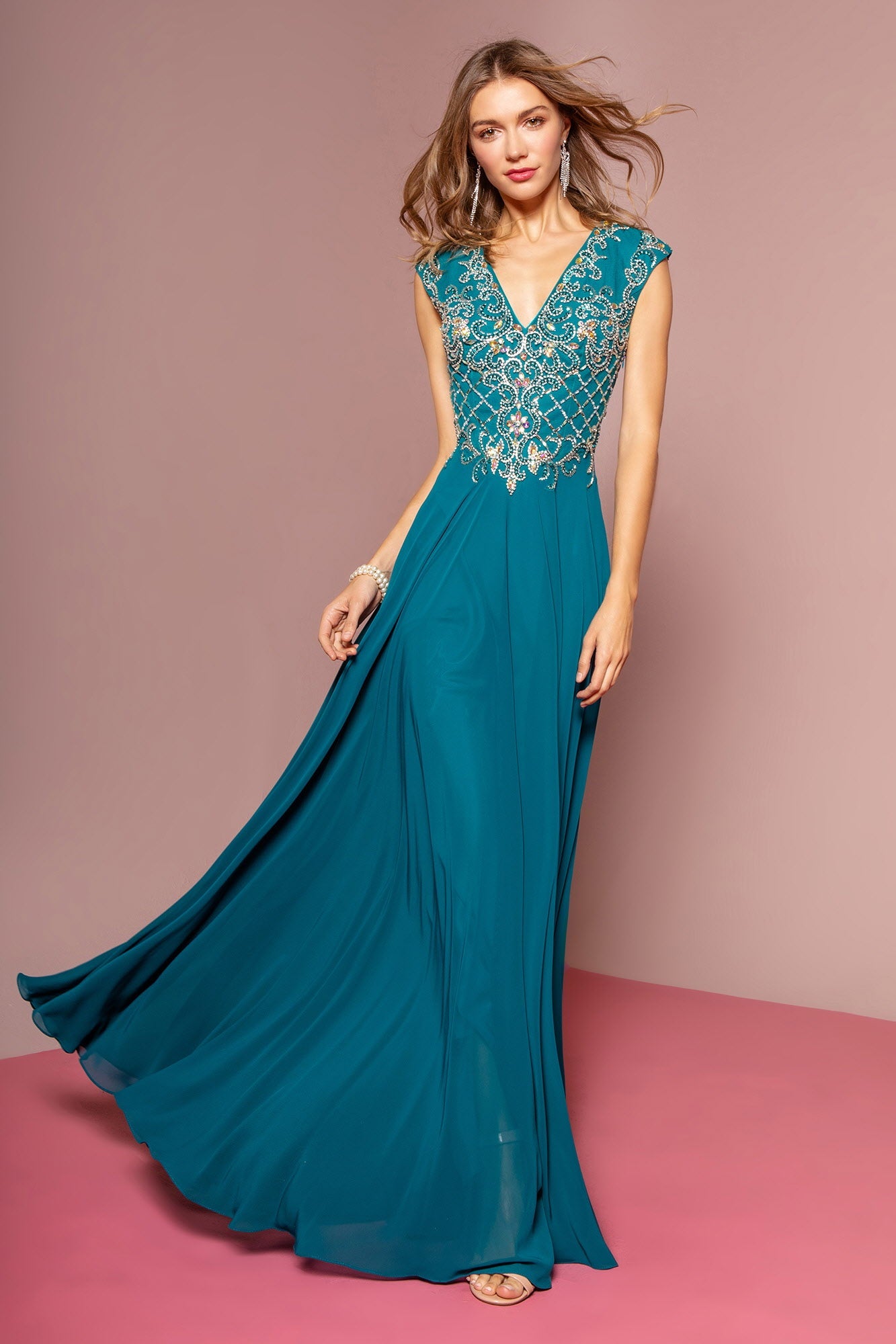 V-Neck Chiffon Floor Length Dress with Jewel Embellished Bodice - RoshelLuxe.com