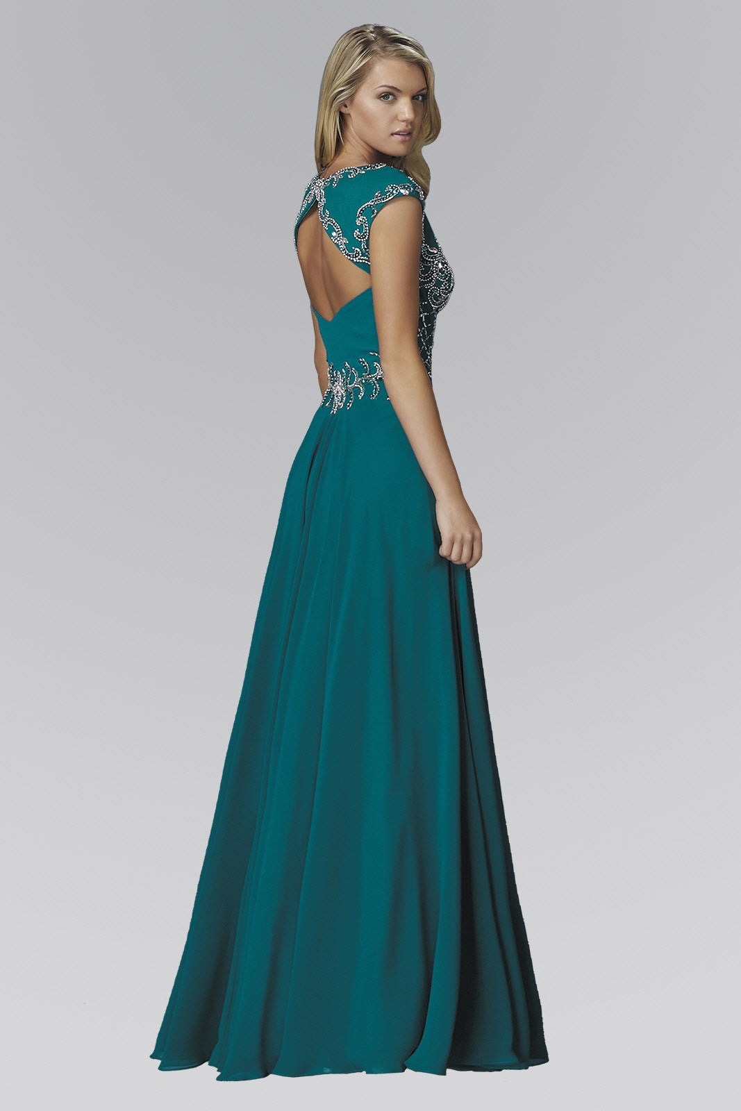 V-Neck Chiffon Floor Length Dress with Jewel Embellished Bodice - RoshelLuxe.com