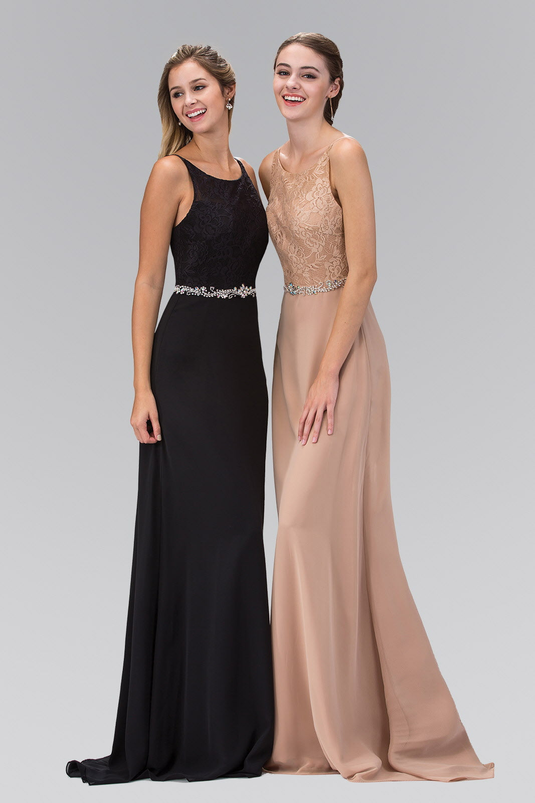 Chiffon Floor Length Dress Accented with Jewel Waistband - RoshelLuxe.com