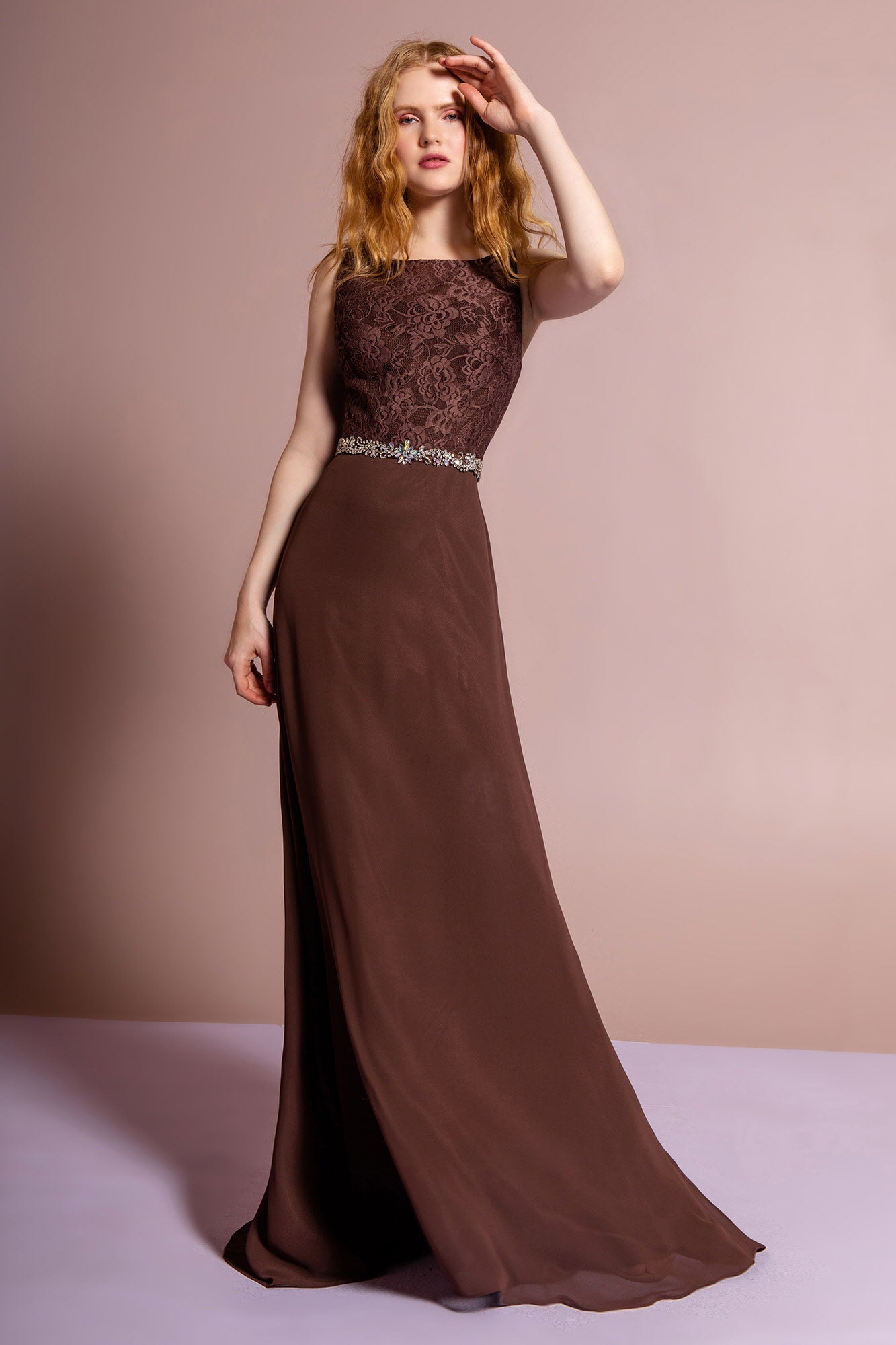 Chiffon Floor Length Dress Accented with Jewel Waistband - RoshelLuxe.com