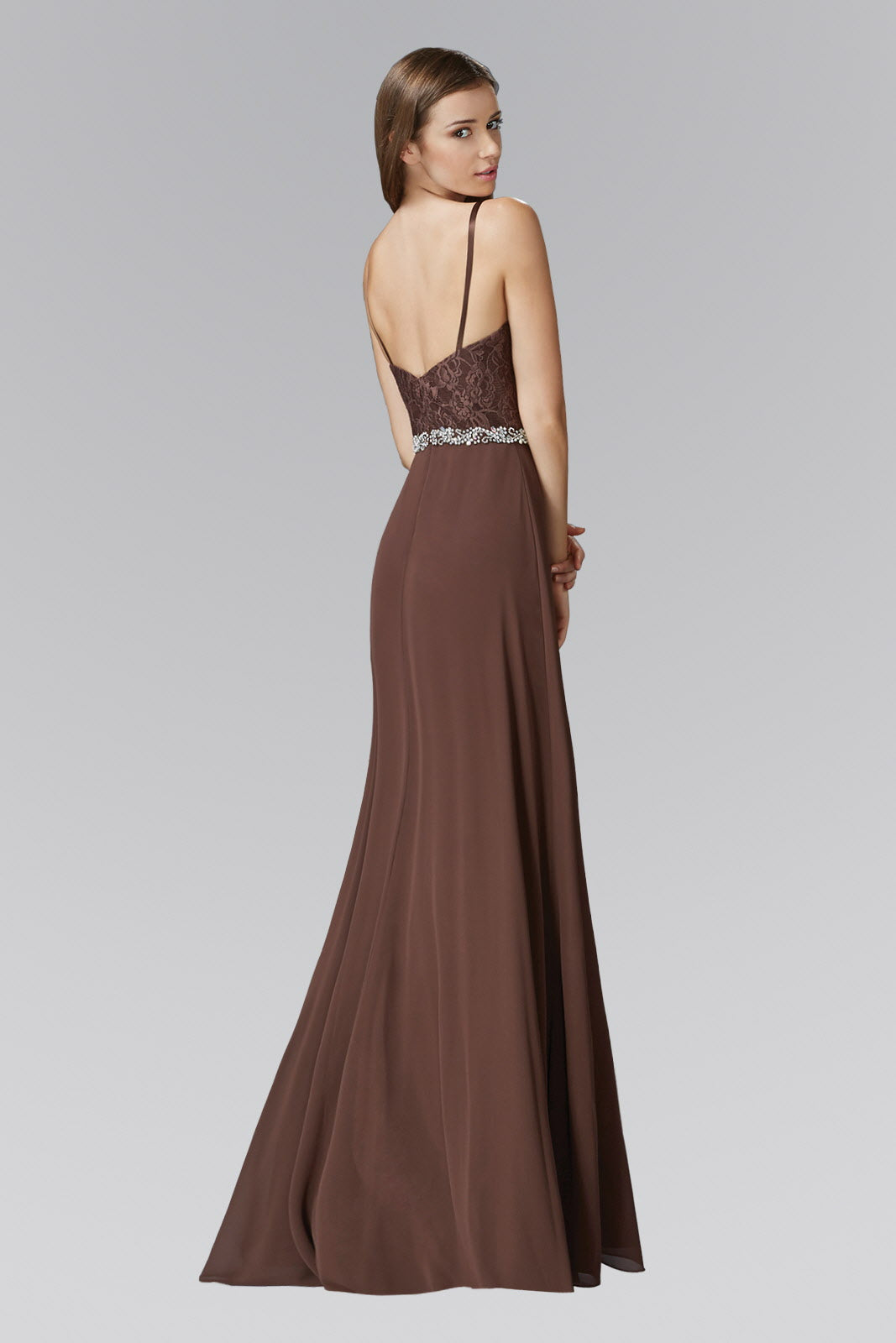 Chiffon Floor Length Dress Accented with Jewel Waistband - RoshelLuxe.com