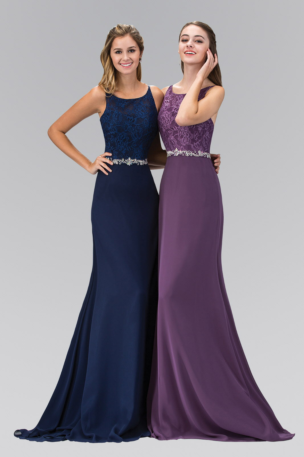 Chiffon Floor Length Dress Accented with Jewel Waistband - RoshelLuxe.com