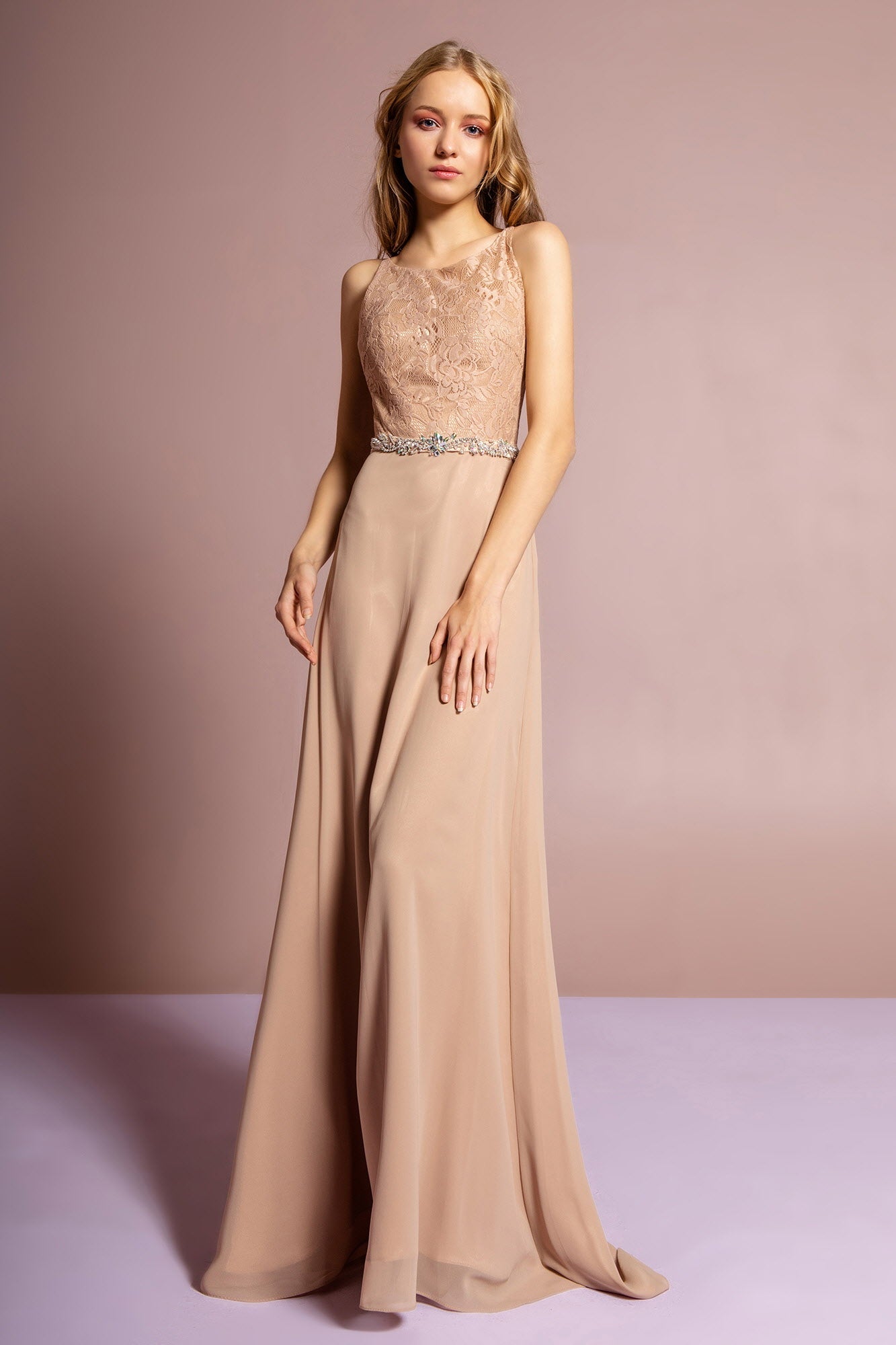 Chiffon Floor Length Dress Accented with Jewel Waistband - RoshelLuxe.com