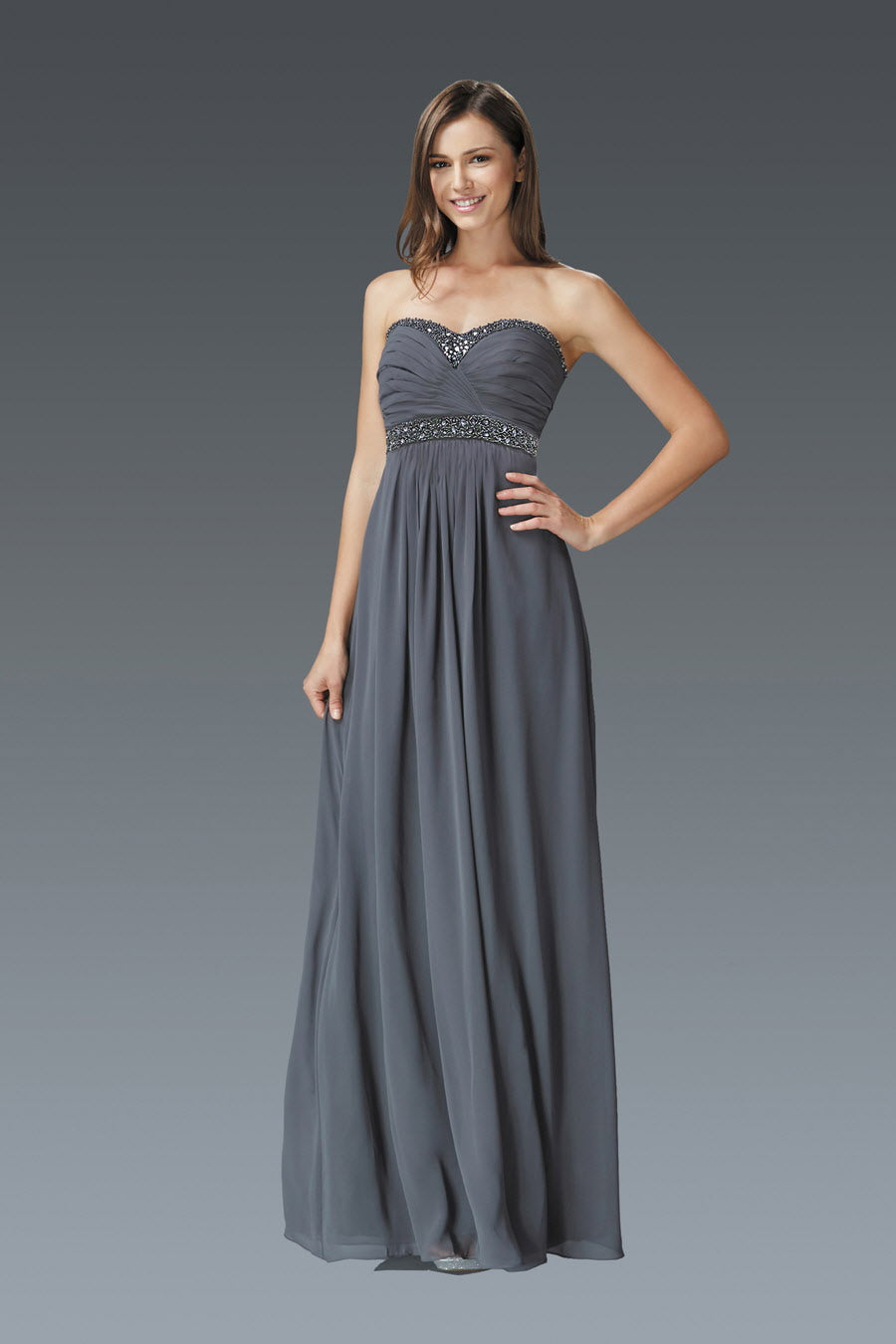 Strapless Sweetheart Floor Length Dress with Corset Back and Jewel Detailing - RoshelLuxe.com