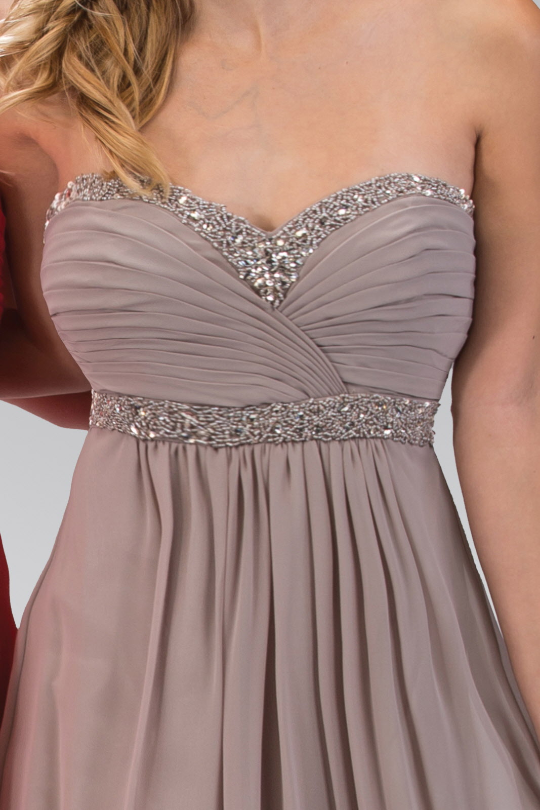 Strapless Sweetheart Floor Length Dress with Corset Back and Jewel Detailing - RoshelLuxe.com