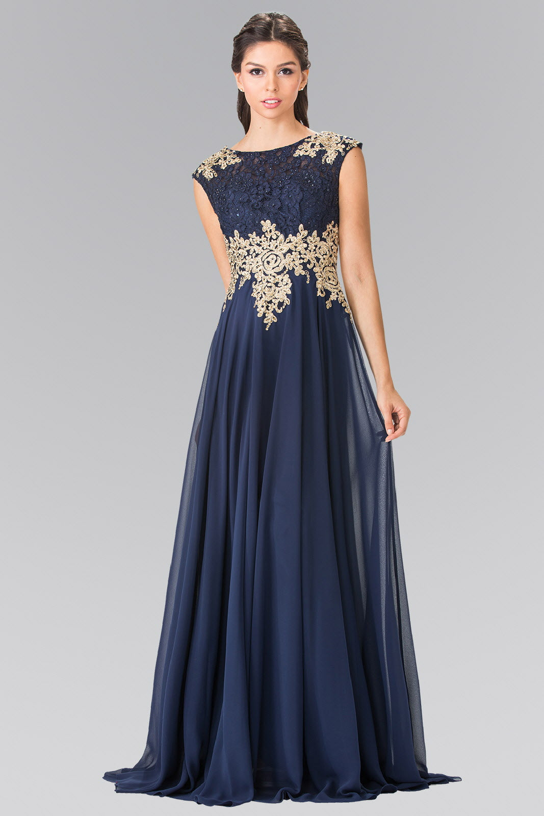 Embroidered Lace Top with Chiffon Skirt Long Dress with Sheer Back - RoshelLuxe.com
