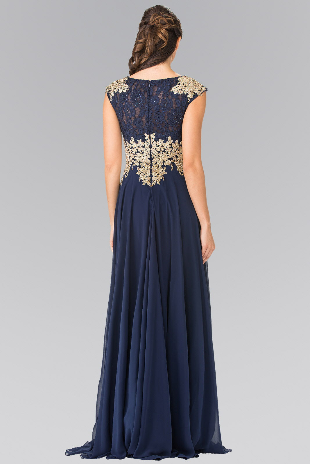 Embroidered Lace Top with Chiffon Skirt Long Dress with Sheer Back - RoshelLuxe.com