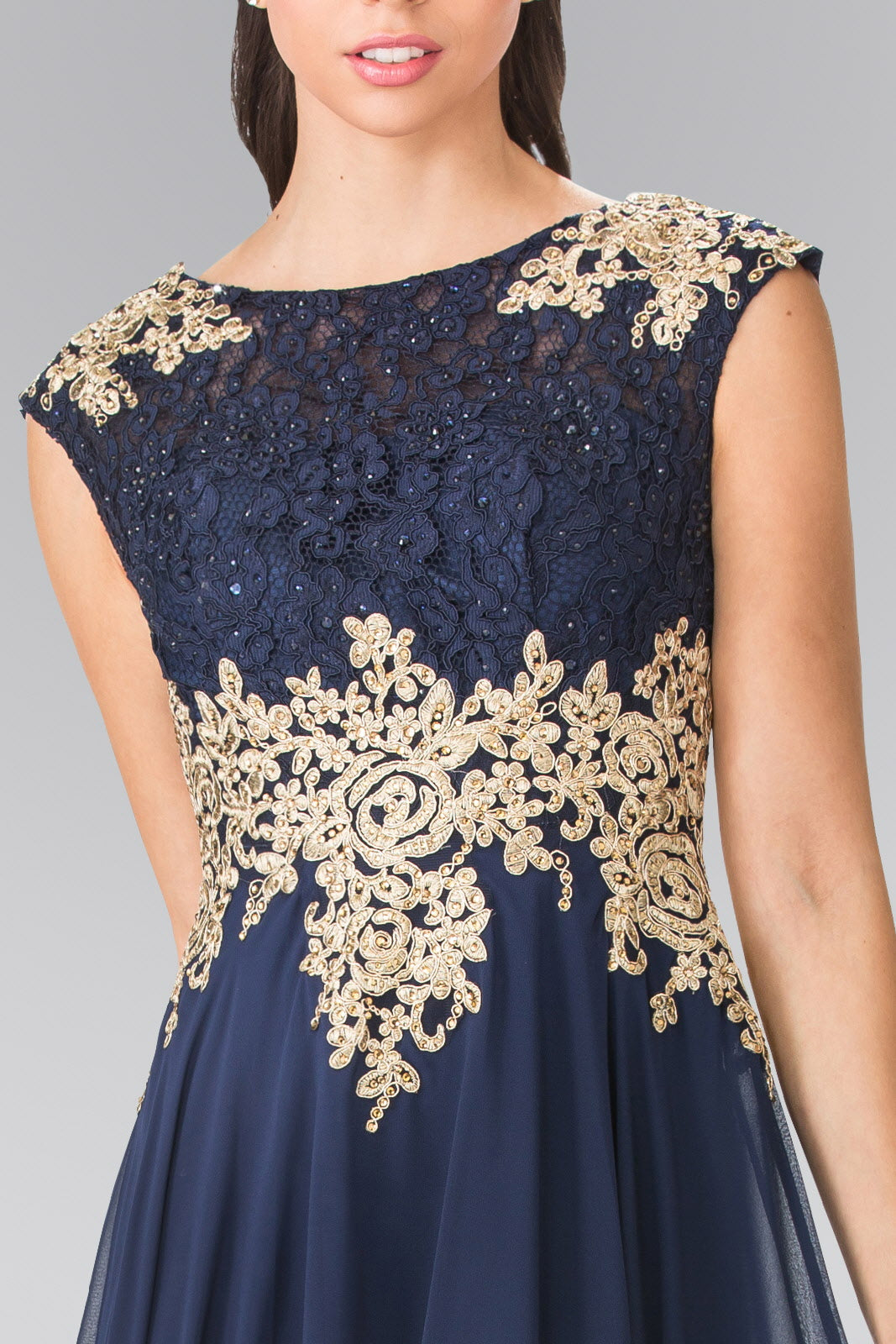 Embroidered Lace Top with Chiffon Skirt Long Dress with Sheer Back - RoshelLuxe.com