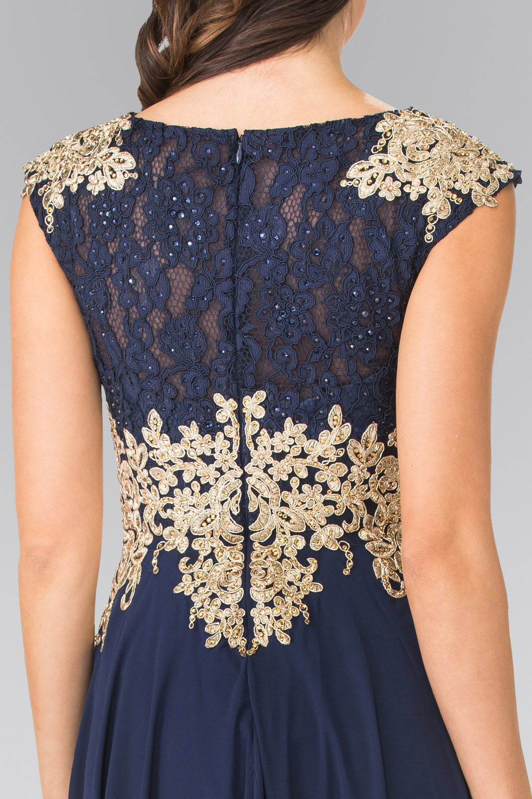 Embroidered Lace Top with Chiffon Skirt Long Dress with Sheer Back - RoshelLuxe.com